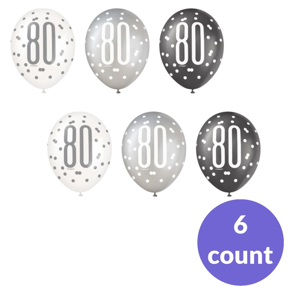 6ct Glitz Black Number 80 Assorted 12" Latex Balloons