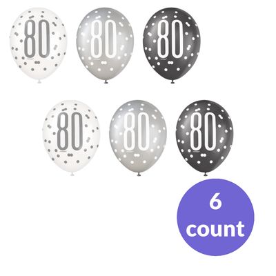 6ct Glitz Black Number 80 Assorted 12" Latex Balloons