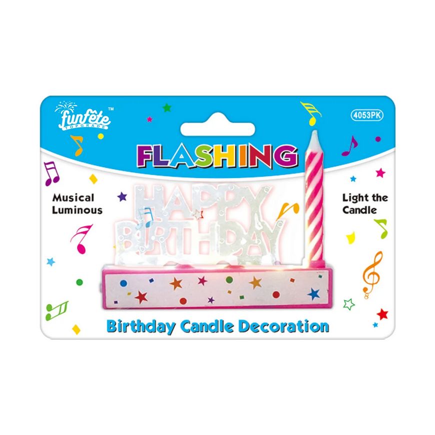 Happy Birthday LED Musical Candle Decoration – 4" x 3.15", Color: Pink