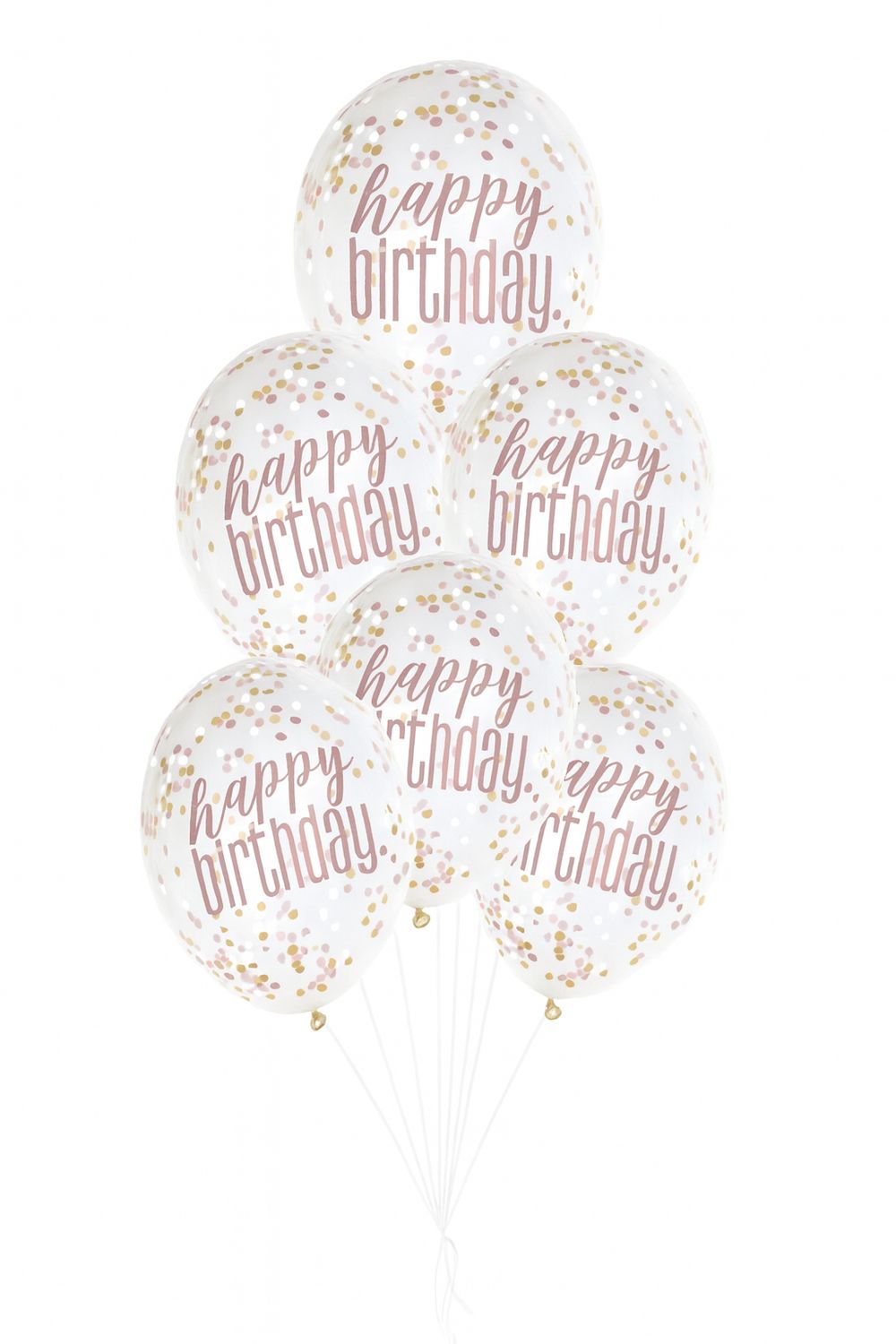 Glitz Rose Gold “Happy Birthday” Clear Latex Balloons with Confetti – 12", 6ct (Un-inflated)