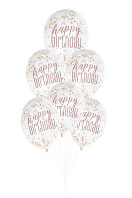 Glitz Rose Gold “Happy Birthday” Clear Latex Balloons with Confetti – 12", 6ct (Un-inflated) Glitz Rose Gold “Happy Birthday” Clear Latex Balloons with Confetti – 12", 6ct (Un-inflated)