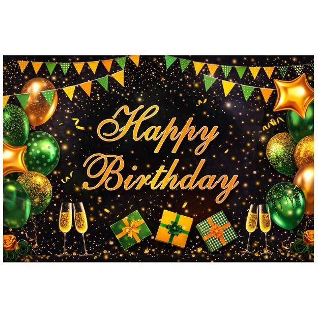 Happy Birthday Green &amp; Gold Polyester Backdrop – 71" x 48"