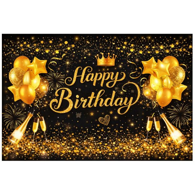 Happy Birthday black &amp; gold glitz w royal touch Polyester Backdrop – 71" x 48"