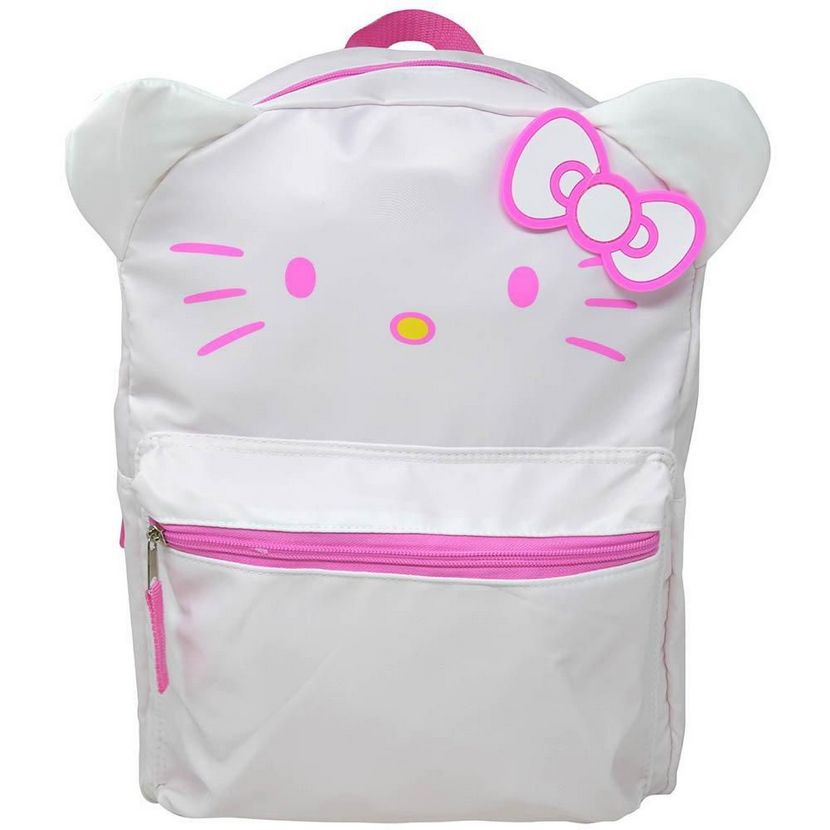 Sanrio Hello Kitty Head Backpack – White &amp; Pink 16" with Front Pocket