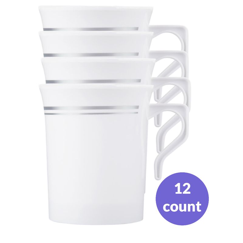 8 oz. White Plastic Coffee Mugs with Gold &amp; Silver Bands – 12ct