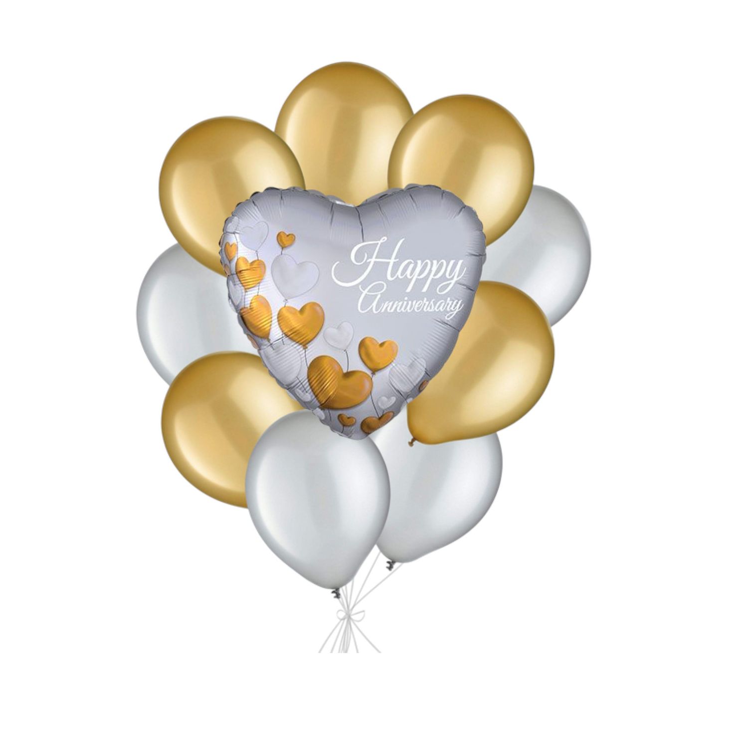 Happy Anniversary Balloon Bouquet – 10 Piece Set (Platinum Hearts Satin Luxe)