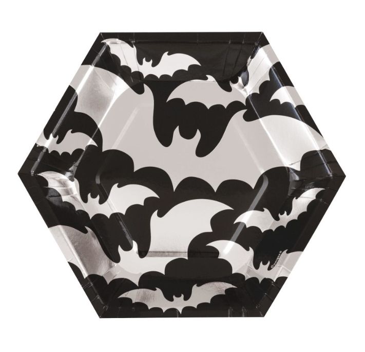 Silver Bats Halloween Hexagonal Dessert Plates 8.25" – 8ct, Foil Stamped