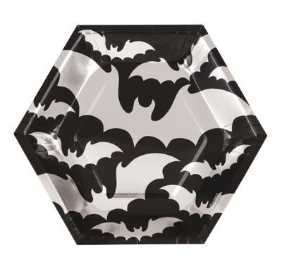 Silver Bats Halloween Hexagonal Dessert Plates 8.25" – 8ct, Foil Stamped