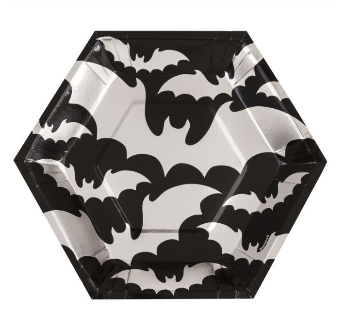 Silver Bats Halloween Hexagon Shaped Dinner Plates 9.25" – 8ct, Foil Stamped