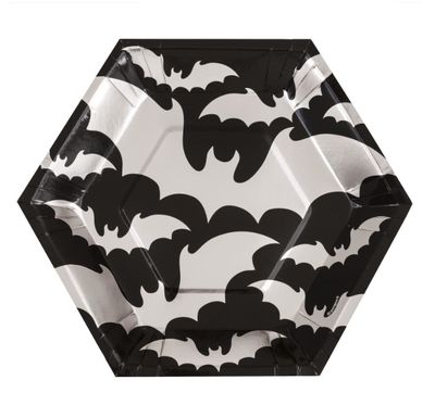 Silver Bats Halloween Hexagon Shaped Dinner Plates 9.25" – 8ct, Foil Stamped