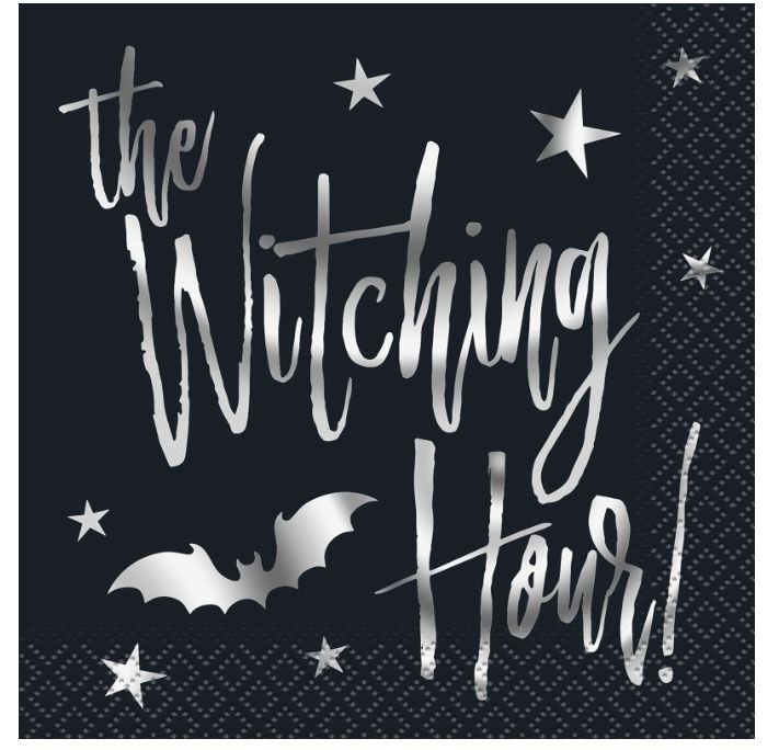 Silver Bats Halloween "The Witching Hour!" Beverage Napkins  20ct - Foil Stamping