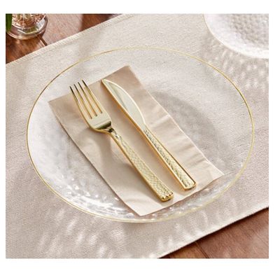 10" Clear Round Hammered Plastic Coupe Plate with Gold Band 10CT