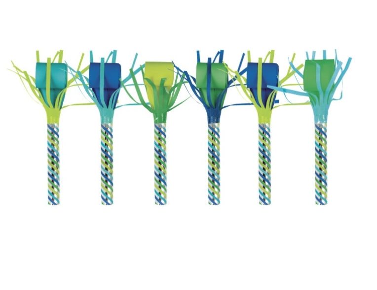 Blue &amp; Green Dinosaur Fringed Party Blowouts  6ct