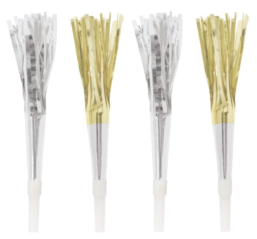 Silver &amp; Gold Foil Party Horns – 4ct