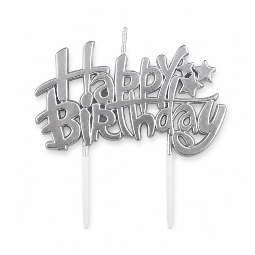 Silver Happy Birthday Cake Candle