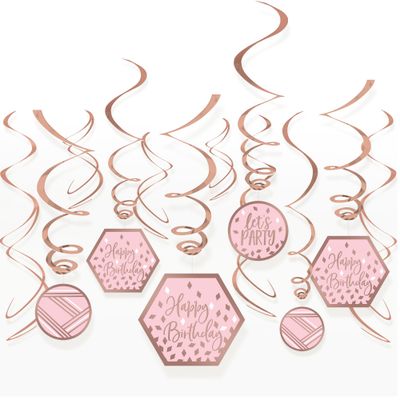 Blush Birthday Swirl Decorations – Foil &amp; Plastic 12pcs