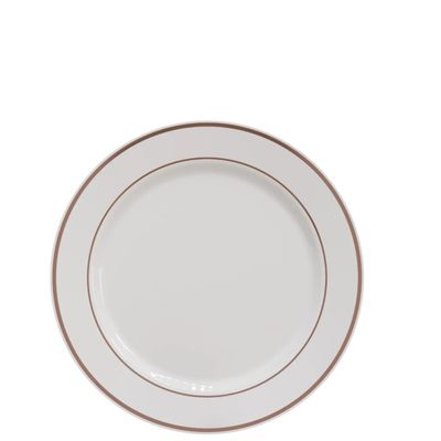 7" White Plastic Plates with Rose Gold Bands – 20ct