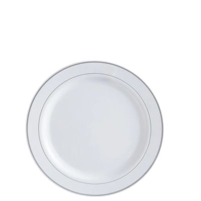 7" White Plastic Plates with Silver Bands – 20ct