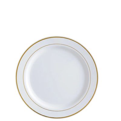 7" White Plastic Plates with Gold Bands – 20ct