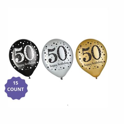 50th Birthday Latex Balloons – 15ct (Black, Silver &amp; Gold)UN-filled