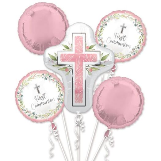 Pink First Communion Cross Balloon Bouquet – 5 Piece