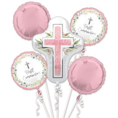 Pink First Communion Cross Balloon Bouquet – 5 Piece