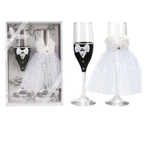 Bride &amp; Groom Champagne Flutes Set | Wedding Toast Glasses 1.8" x 9"H