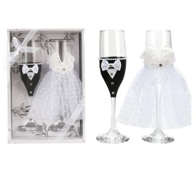 Bride &amp; Groom Champagne Flutes Set | Wedding Toast Glasses 1.8" x 9"H