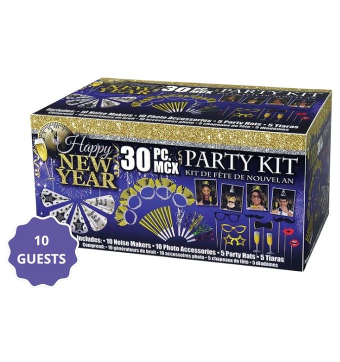 Happy New Year Party Kit – 30pcs (10 Noisemakers, 10 Photo Accessories, 5 Party Hats, 5 Tiaras)