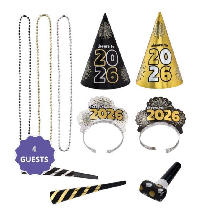 2026 New Years 4 Person Party Kit - Black, Silver, Gold 12ct