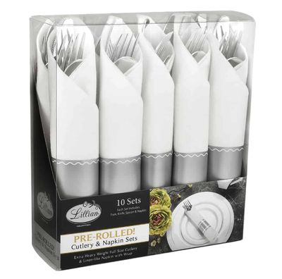 Rolled Metallic Silver Premium Plastic Cutlery Sets – 10ct