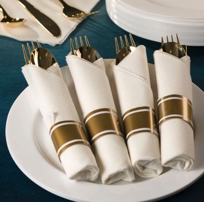 Gold Pre-Rolled Premium Plastic Cutlery &amp; Napkin Sets – 10ct