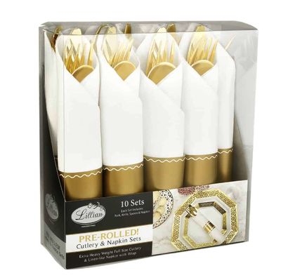 Gold Pre-Rolled Premium Plastic Cutlery &amp; Napkin Sets – 10ct