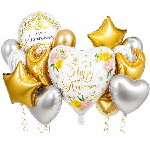 Happy Anniversary Balloon Bouquet 13-Piece Set | Gold &amp; Silver Helium Balloon Bouquet