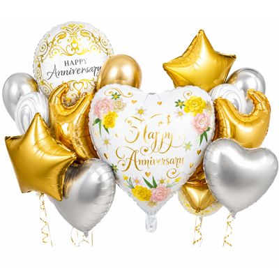 Happy Anniversary Balloon Bouquet 13-Piece Set | Gold &amp; Silver Helium Balloon Bouquet