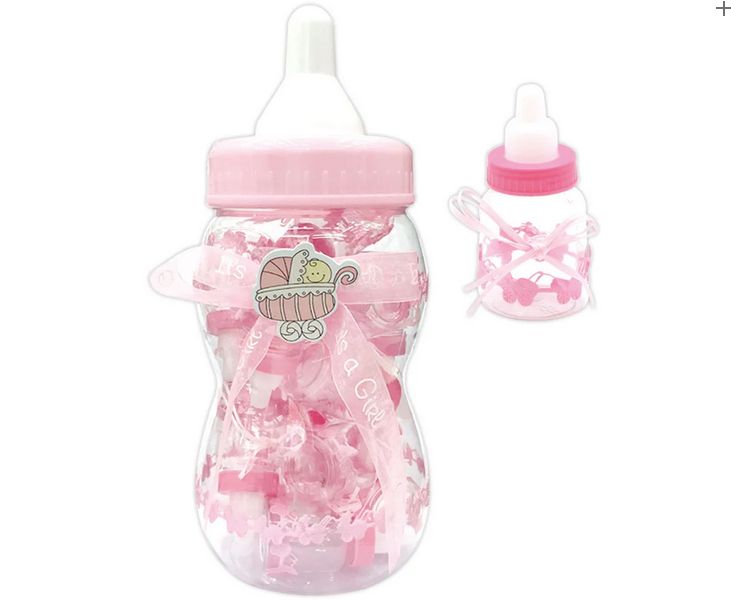 Giant Baby Bottle Gift Set – 14.57" x 7.15" with 3.5" Mini 30ct  Bottles Inside (Pink or Blue), Color: Pink