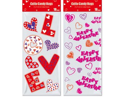 18ct Valentine’s Day Cello Candy Bags – 5.10" x 11.5" x 3", 2 Assorted Designs