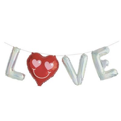 Retro Love “Love” Iridescent Foil Balloon Banner Kit with Heart – 14" (Air‑Filled Only)