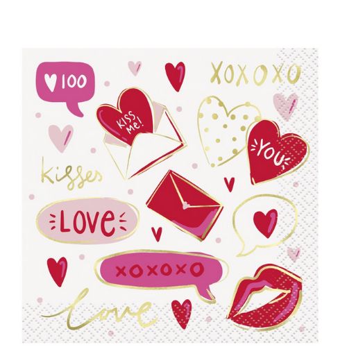 Red &amp; Pink Valentine’s Beverage Napkins – 16 Count (Foil Stamping)