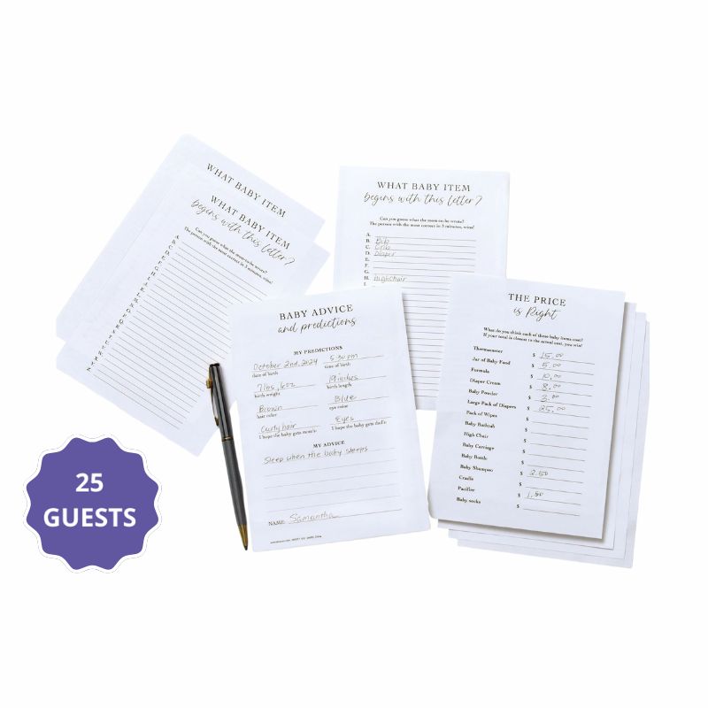 Baby Shower Games for 25 Guests, 75 Sheets, 3 Games - ABC Baby Items, Price is Right &amp; Advice and Predictions