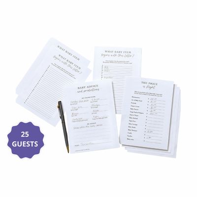Baby Shower Games for 25 Guests, 75 Sheets, 3 Games - ABC Baby Items, Price is Right &amp; Advice and Predictions