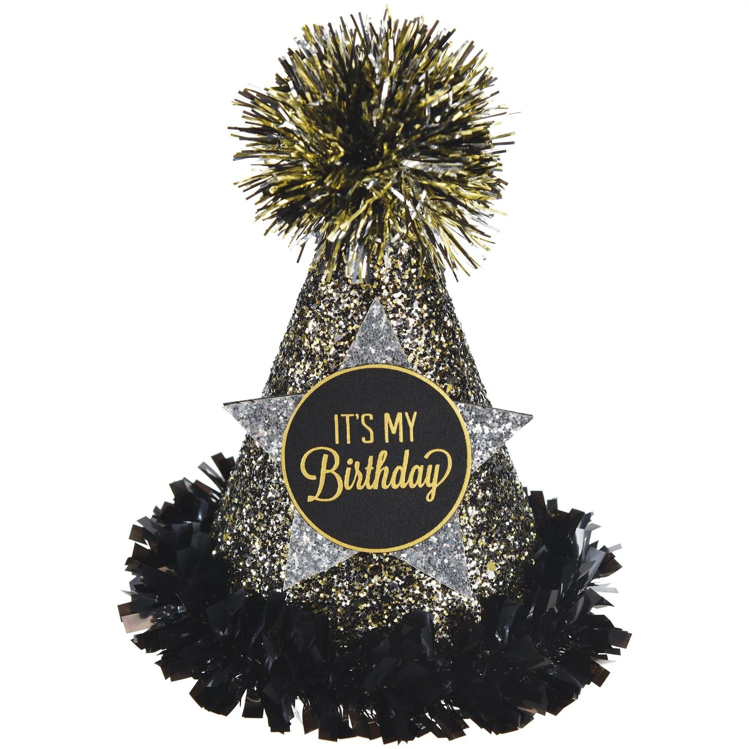 “It’s My Birthday” Cone Hat – Black, Silver &amp; Gold, 7.5"