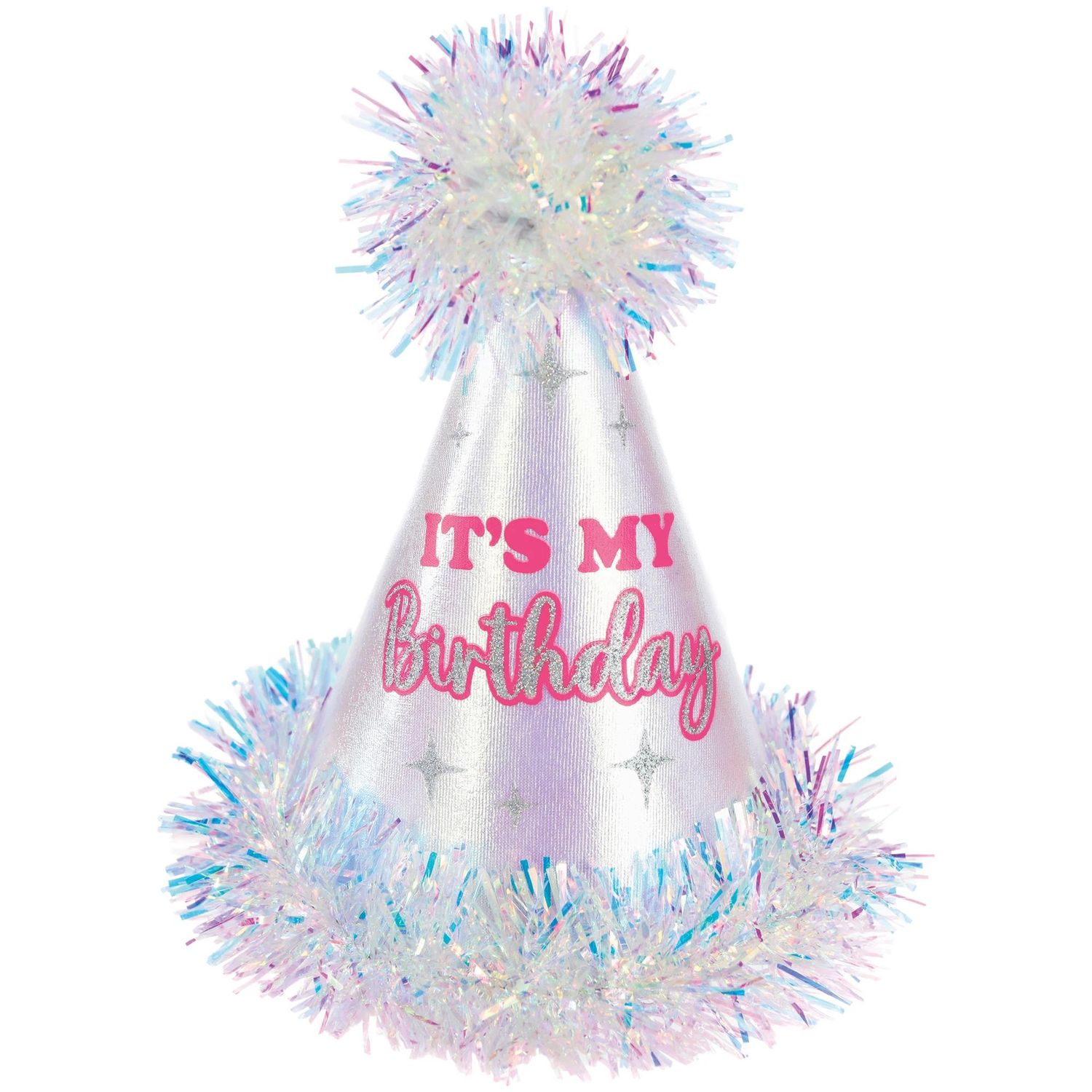Pom Pom Iridescent “It’s My Birthday” Cone Hat – 8.7"