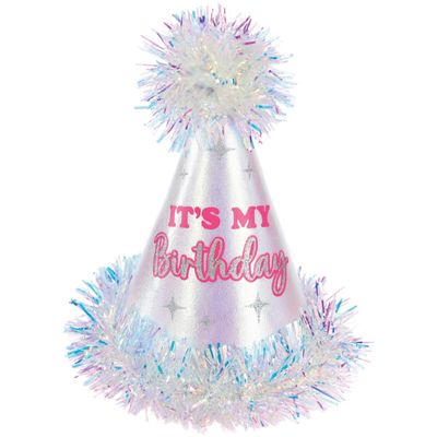 Pom Pom Iridescent “It’s My Birthday” Cone Hat – 8.7"