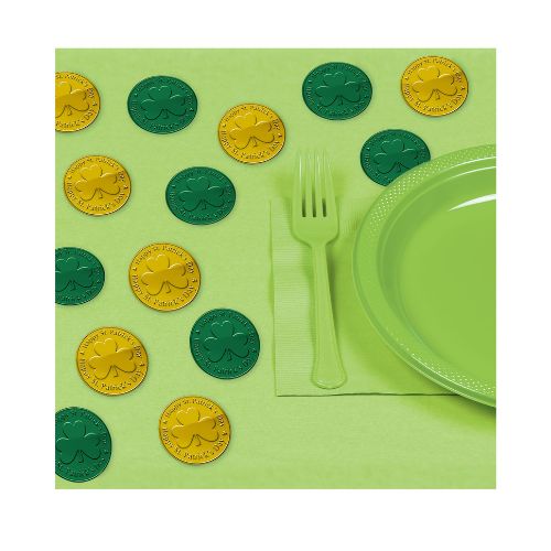 Green &amp; Gold Coin Table Scatter 100ct  1 1/2in Plastic Coins