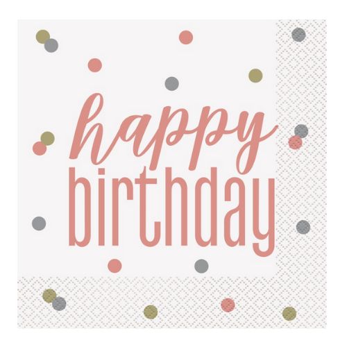 Glitz Rose Gold "Happy Birthday" Luncheon Napkins – 16 Count
