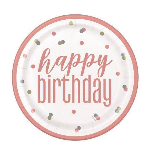 Glitz Rose Gold "Happy Birthday" 9" Dinner Plates – 8 Count