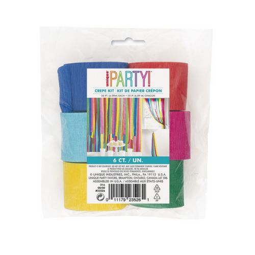 Assorted Color Crepe Streamer Kit – 20 ft, 6ct