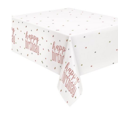 Glitz Rose Gold “Happy Birthday” Plastic Table Cover – 54" x 84"