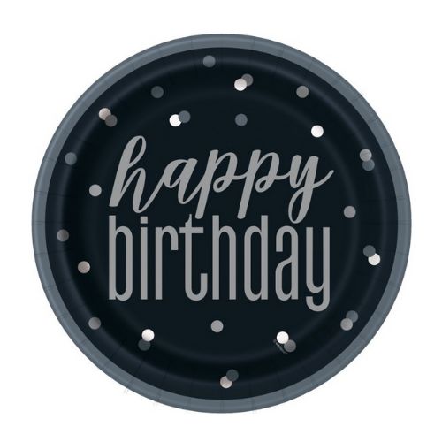 Glitz Black &amp; Silver “Happy Birthday” 9" Dinner Plates – 8ct